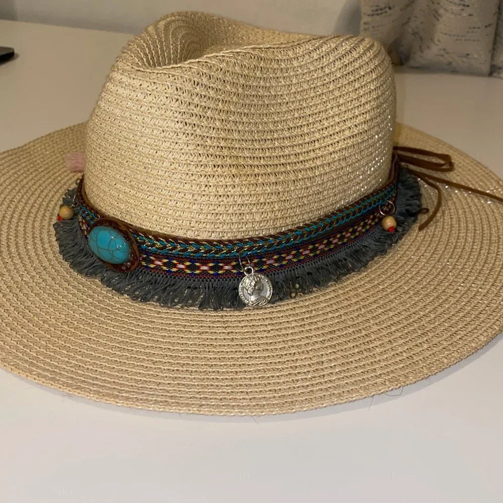 Turquoise Beaded Fringe Straw Sun Hat